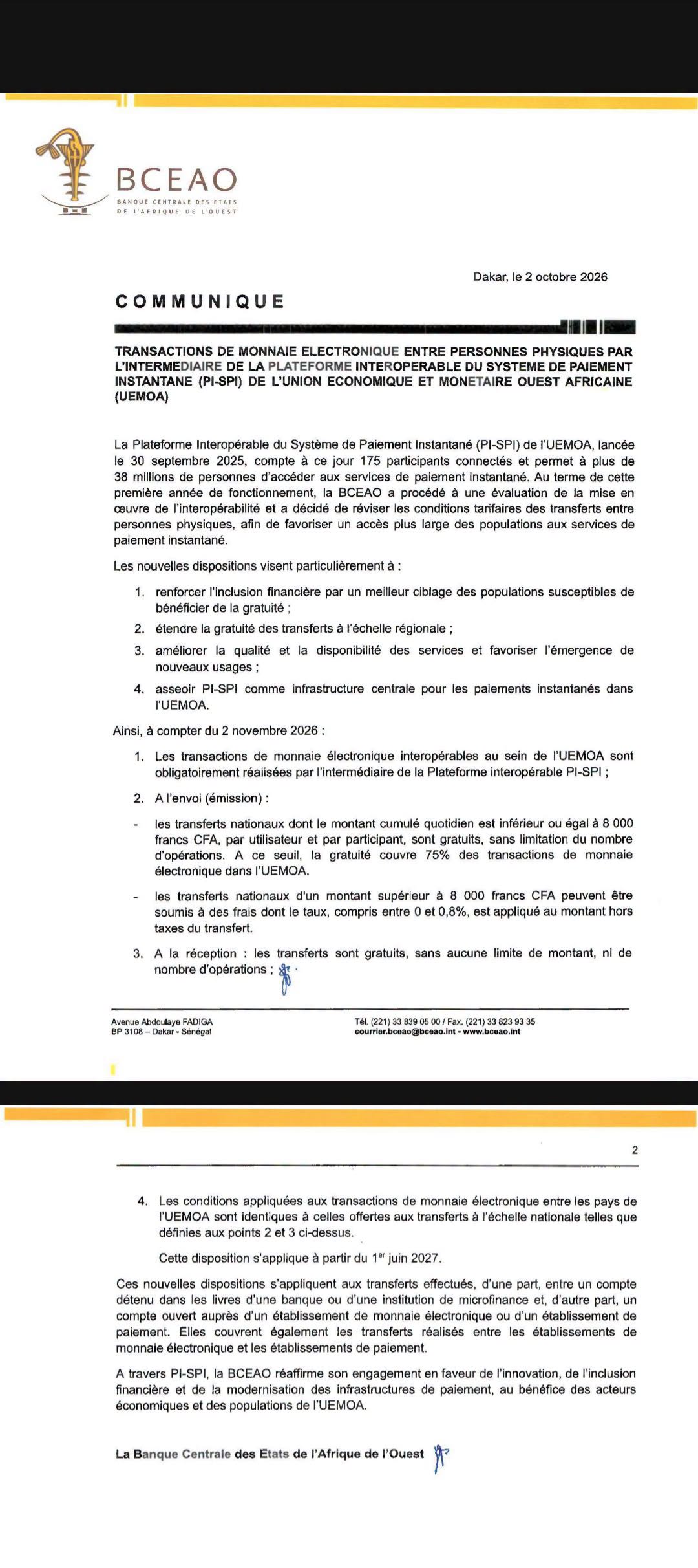 La BCEAO instaure la gratuité du transfert d'argent jusqu’à 8 000 FCFA dès novembre 2026