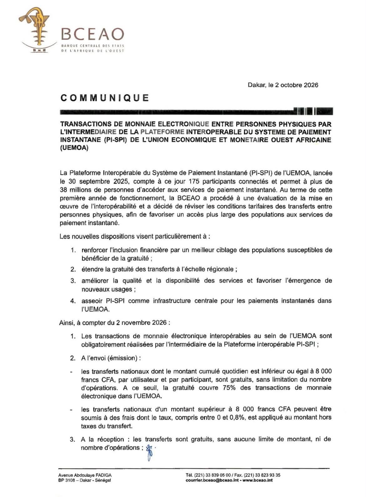 La BCEAO instaure la gratuité du transfert d'argent jusqu’à 8 000 FCFA dès novembre 2026
